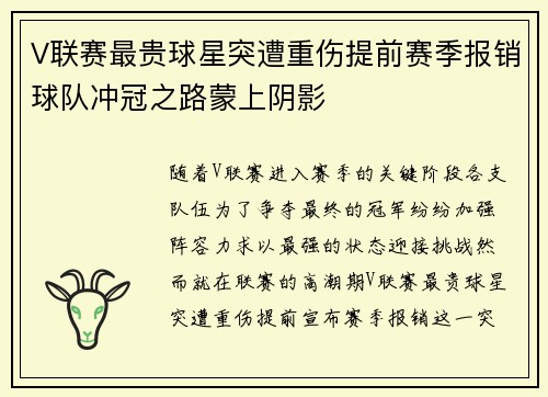 V联赛最贵球星突遭重伤提前赛季报销球队冲冠之路蒙上阴影