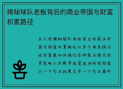揭秘球队老板背后的商业帝国与财富积累路径